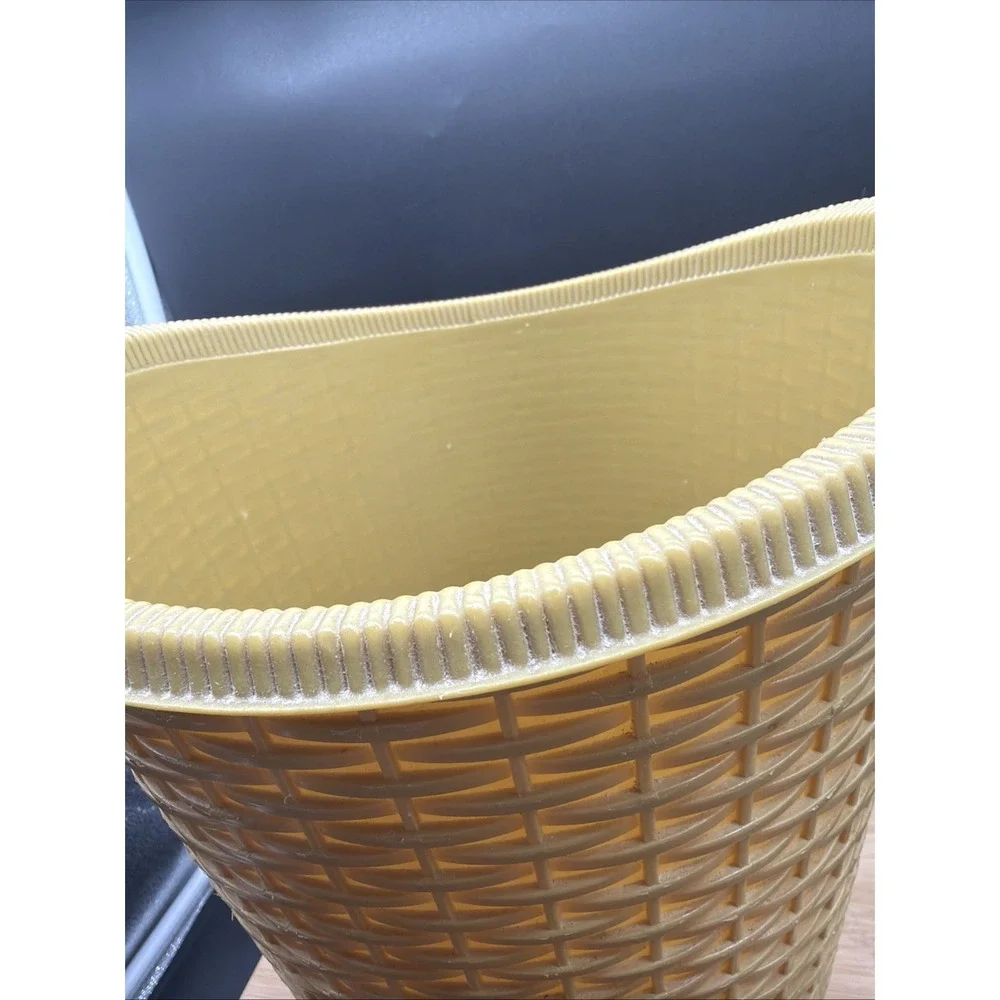 Vintage 1970's Fesco Wastebasket Yellow Faux Wicker Weave Plastic Trash Can USA